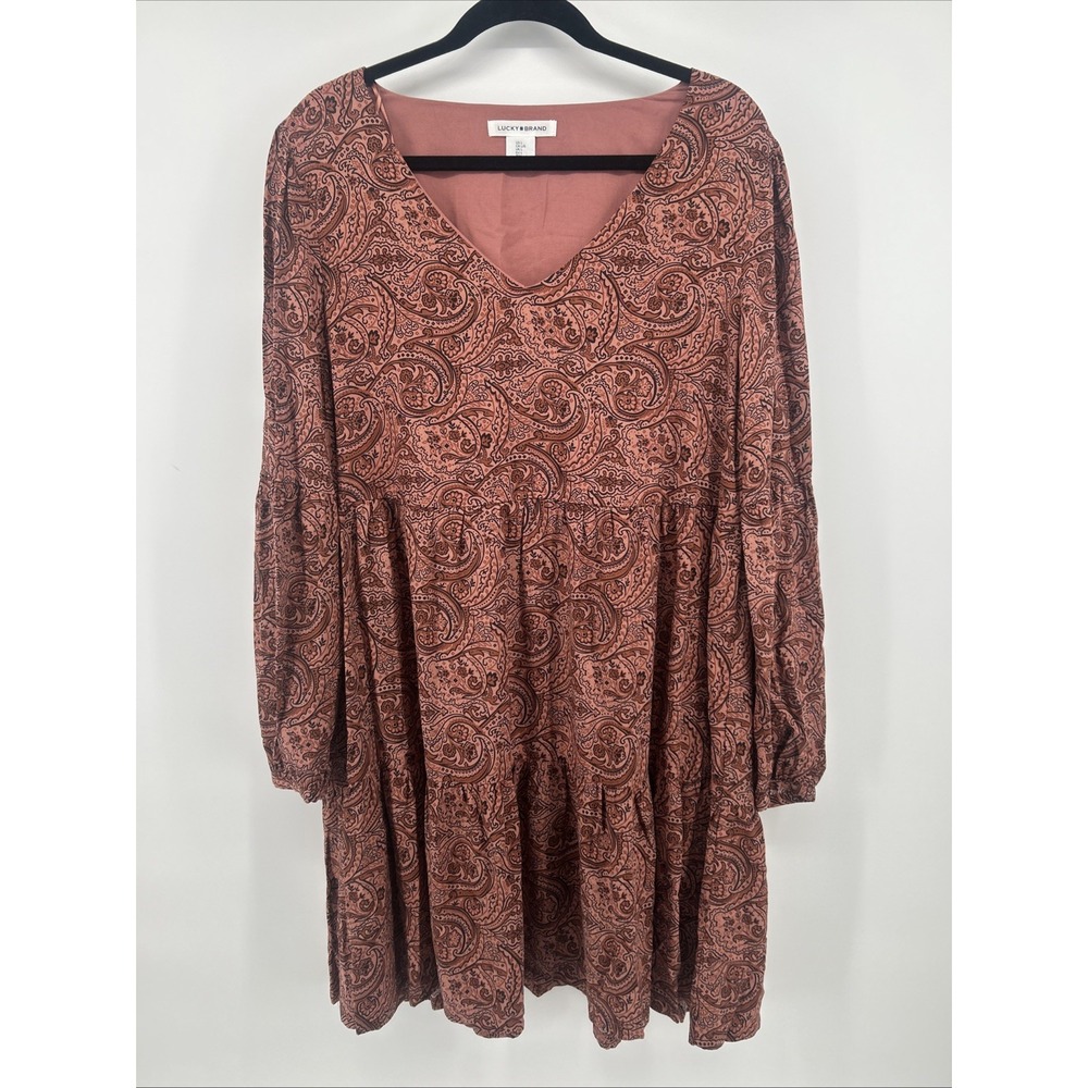 Lucky Brand Boho Peasant Paisley Tiered Babydoll Dress Rose Mauve Size Large